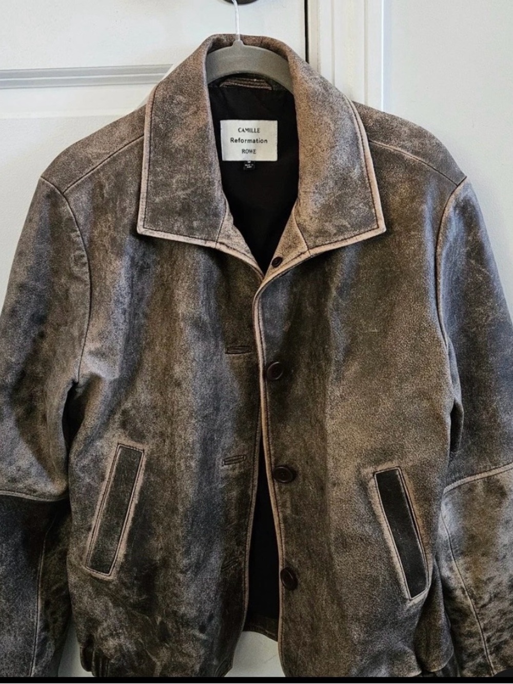 Reformation x Camille Rowe Distressed Brown leather Jacket
